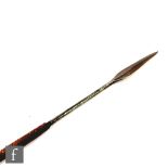An African spear with turned hardwood shaft, length 129cm, a throwing stick or club, a small skin