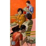 MARY VILLA (CONTEMPORARY) - Figures sitting at cafe tables, acrylic on board, signed, framed, 49cm x