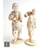 Two Japanese sectional ivory Okimono, Meiji Period (1868-1912), modelled as a fruit seller and a