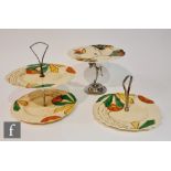 Three 1930s Art Deco Myott cake stands of varying form, the first in pattern 8915 with a chrome