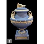 A later 20th Century Wedgwood blue Jasperware Leda and Swan vase and cover from the Masterpieces