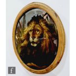A 19th century reverse painted mirror study of a male lion with full mane amongst reeds, 59cm x
