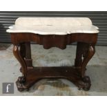 A Victorian serpentine fronted white marble top wash stand with a thumb-moulded edge, raised to a