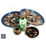 A collection of Japanese cloisonne vases, to include a pair of chargers, diameter 30cm, and a