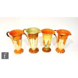 Four 1930s Art Deco Myott Trumpet jugs comprising a pair decorated in pattern P9643 with orange