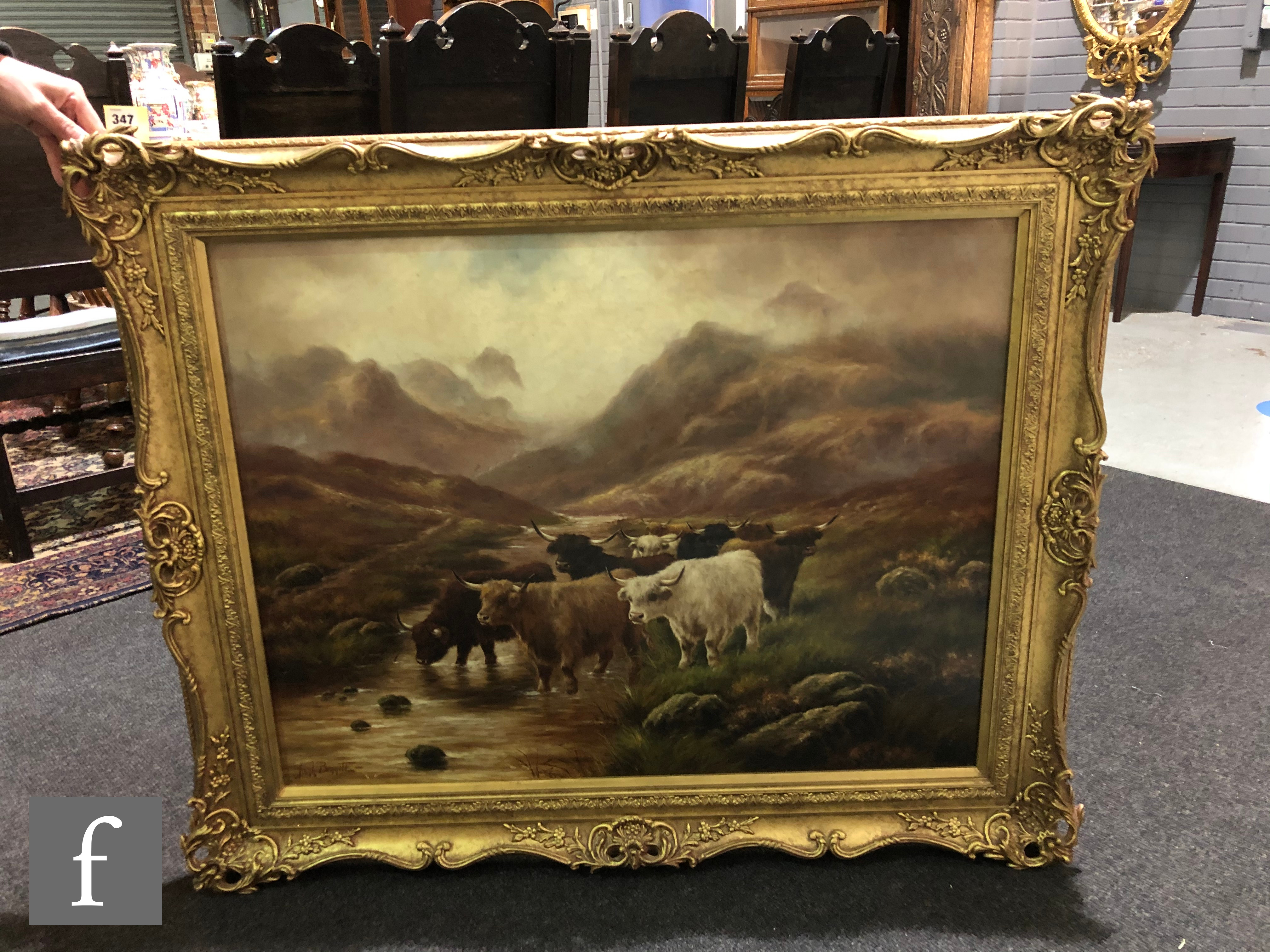 FRANK BENNETT (LATE 19TH CENTURY) - Cattle in a Highland river landscape, oil on canvas, signed, - Image 2 of 6