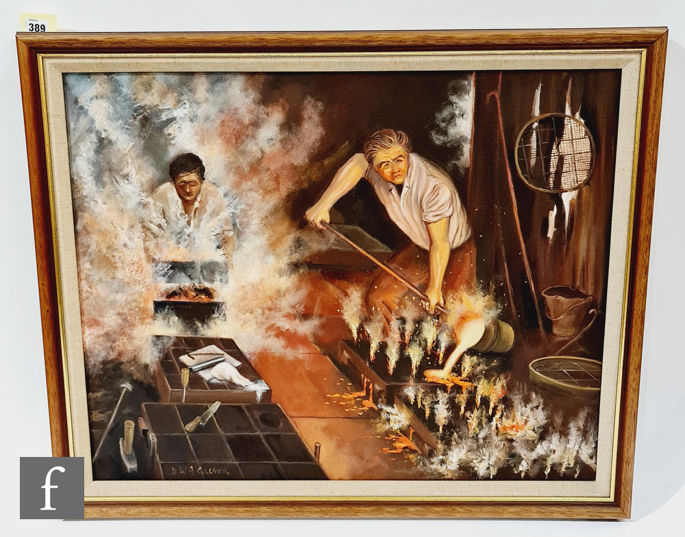 D.W.A. GLOVER (CONTEMPORARY) - Workers in a forge, oil on canvas, signed, framed, 61cm x 76cm, frame