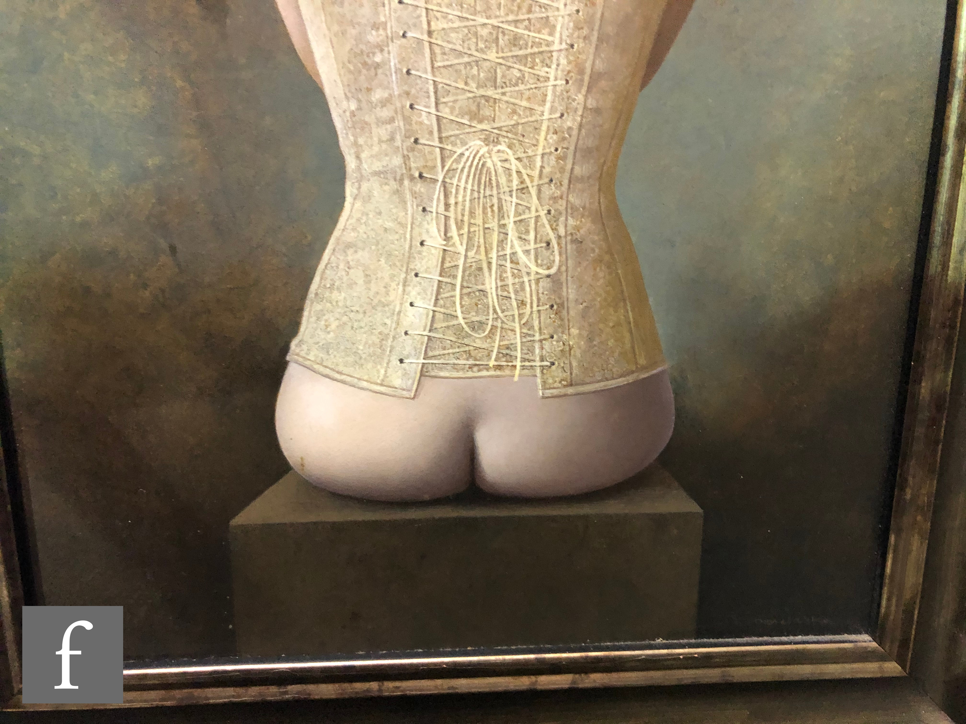 DON CLARKE (1932-2012) - 'Lola in Corsets', oil on board, signed, inscribed and dedicated on label - Image 3 of 5