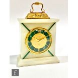 A 20th Century Elinsor mantle clock in white marble and inlaid with green malachite bands, height