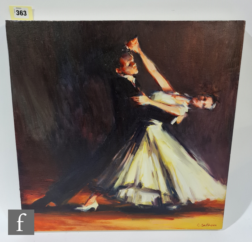 GLENN BADHAM (CONTEMPORARY) - Ballroom dancers, oil on canvas, signed, unframed, 51cm x 51cm.