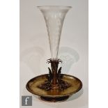 A late 19th Century table center epergne with a clear crystal trumpet with fine etched decoration,
