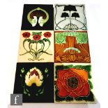 Six assorted early 20th Century 6in Art Nouveau dust pressed tiles, to include Minton China Works