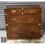 A 19th Century brass bound mahogany twin section military or campaign chest, fitted with two short