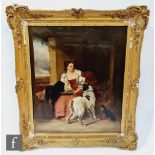 MANNER OF SIR EDWIN LANDSEER, RA - A maid with dogs in a stable interior, oil on canvas, framed,