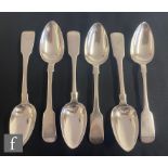 A set of six hallmarked silver fiddle pattern dessert spoons with engraved initial to terminals,