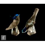 A pair of Lalique Pimlico glass blue jays, one with head up and one with head down, each in clear to