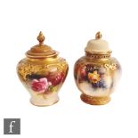 A Royal Worcester Hadleys shape 279 vase and cover decorated with hand tinted roses within lobed