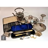 A small parcel lot of assorted silver plated items to include a cased set of fruit knives and forks,