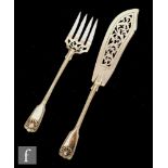 A pair of hallmarked silver, fiddle thread and shell pattern fish servers, 9.5oz, London 1851,