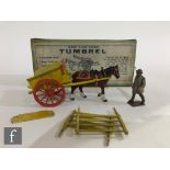 A Britains Home Farm Series 4F Tumbrel, comprising yellow cart with red spoked wheels, two yellow