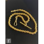 A modern 18ct rope twist chain with earlier 18ct swivel clasps and T bar attached, length 35cm,