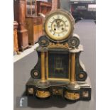 A Victorian slate mantle clock on plinth base, open escapement, width 54cm,