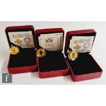 Three Canadian Elizabeth II ten dollar 22ct gold coins with maple leaf design 2015 x 2 and 2014,