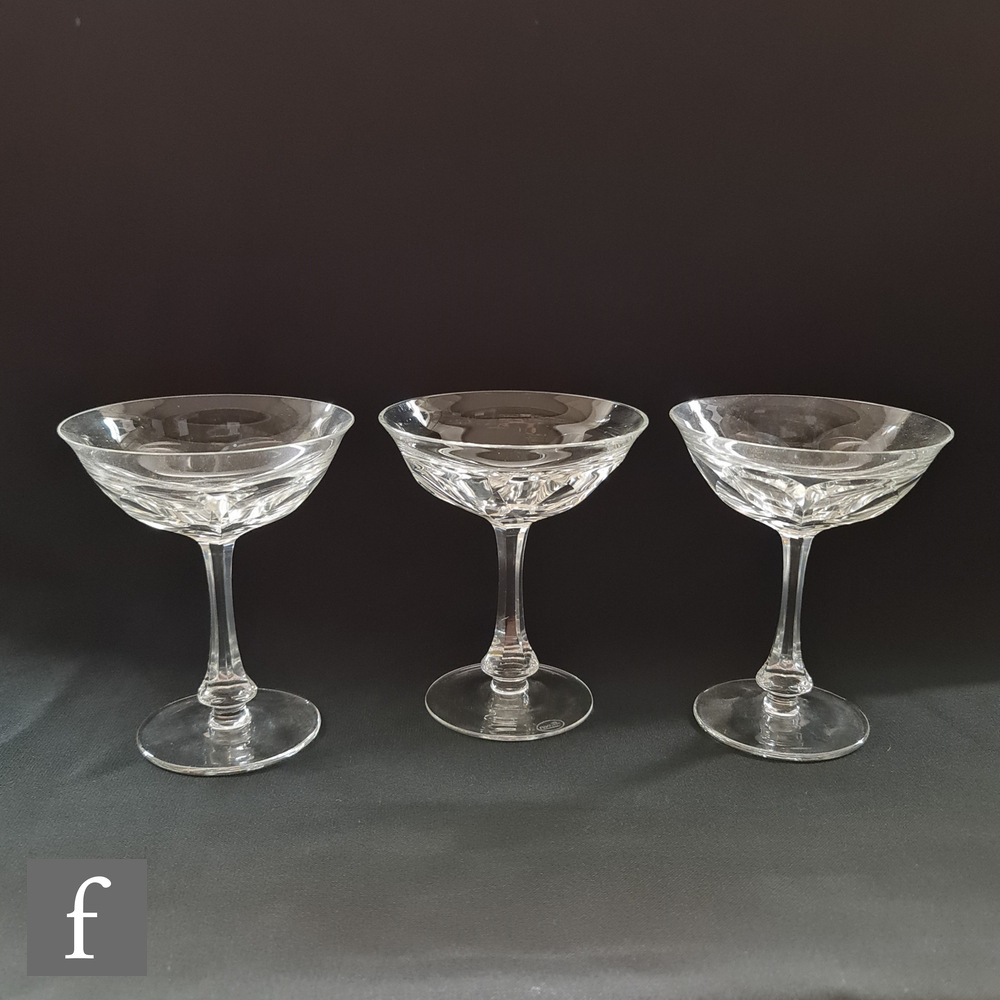 A set of six 20th Century Moser champagne coups or saucers in the Lady Hamilton pattern with slice