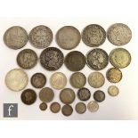 Two five Francs 1840 and 1875, two five liras 1820 and 1873, also two and half Guilder coins and