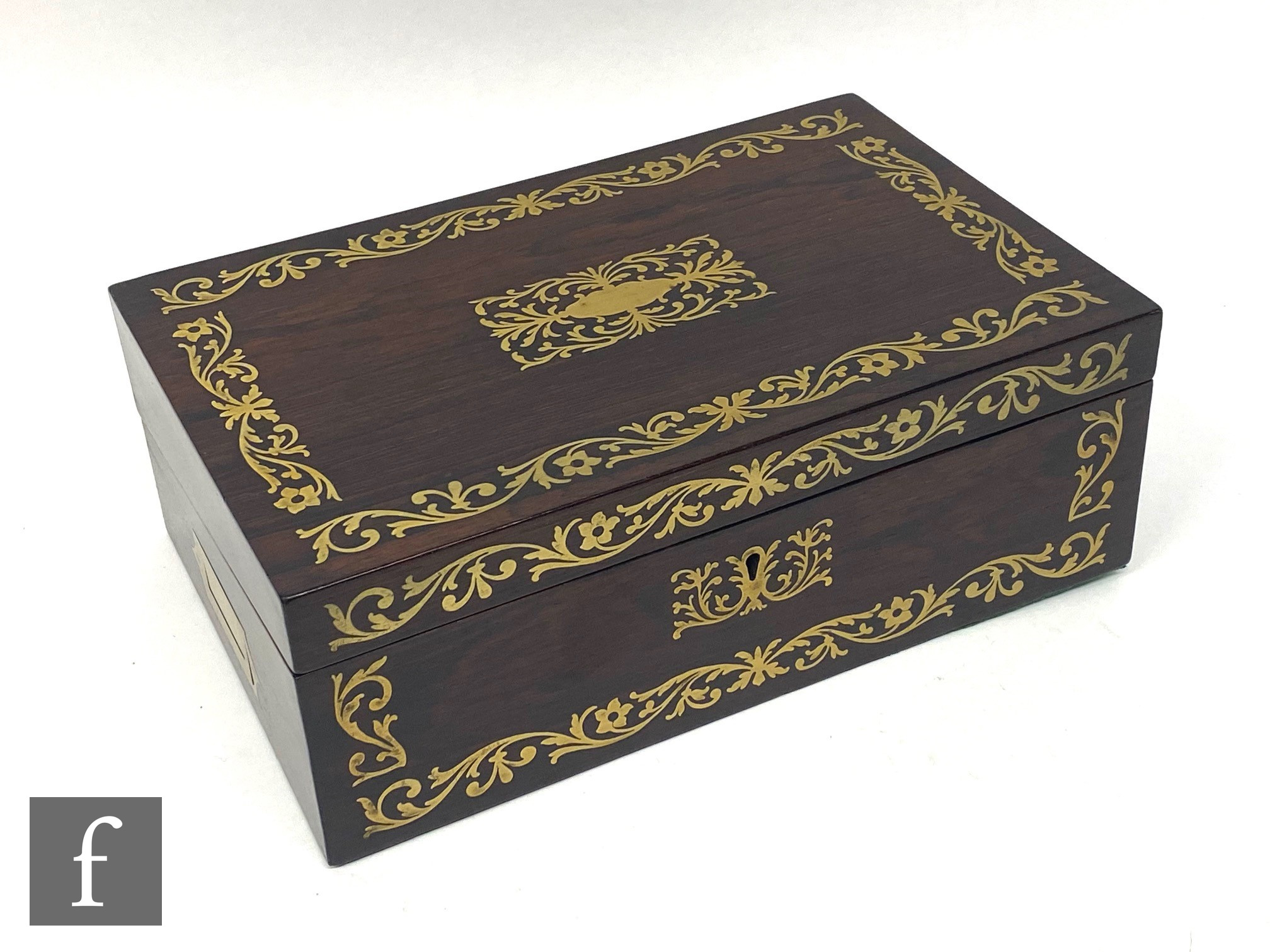 A 19th century brass inlaid writing box with recessed carrying handles with hidden secret drawer