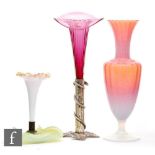 A collection of Victorian glass, to comprise a ruby glass trumpet of fluted form with wide folded