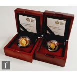 Two Elizabeth II Britannia quarter ounce coins, 22ct, dated 2019 and 2020, boxed and with