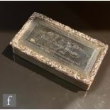 A William IV hallmarked silver rectangular snuff box with presentation engraving within raised