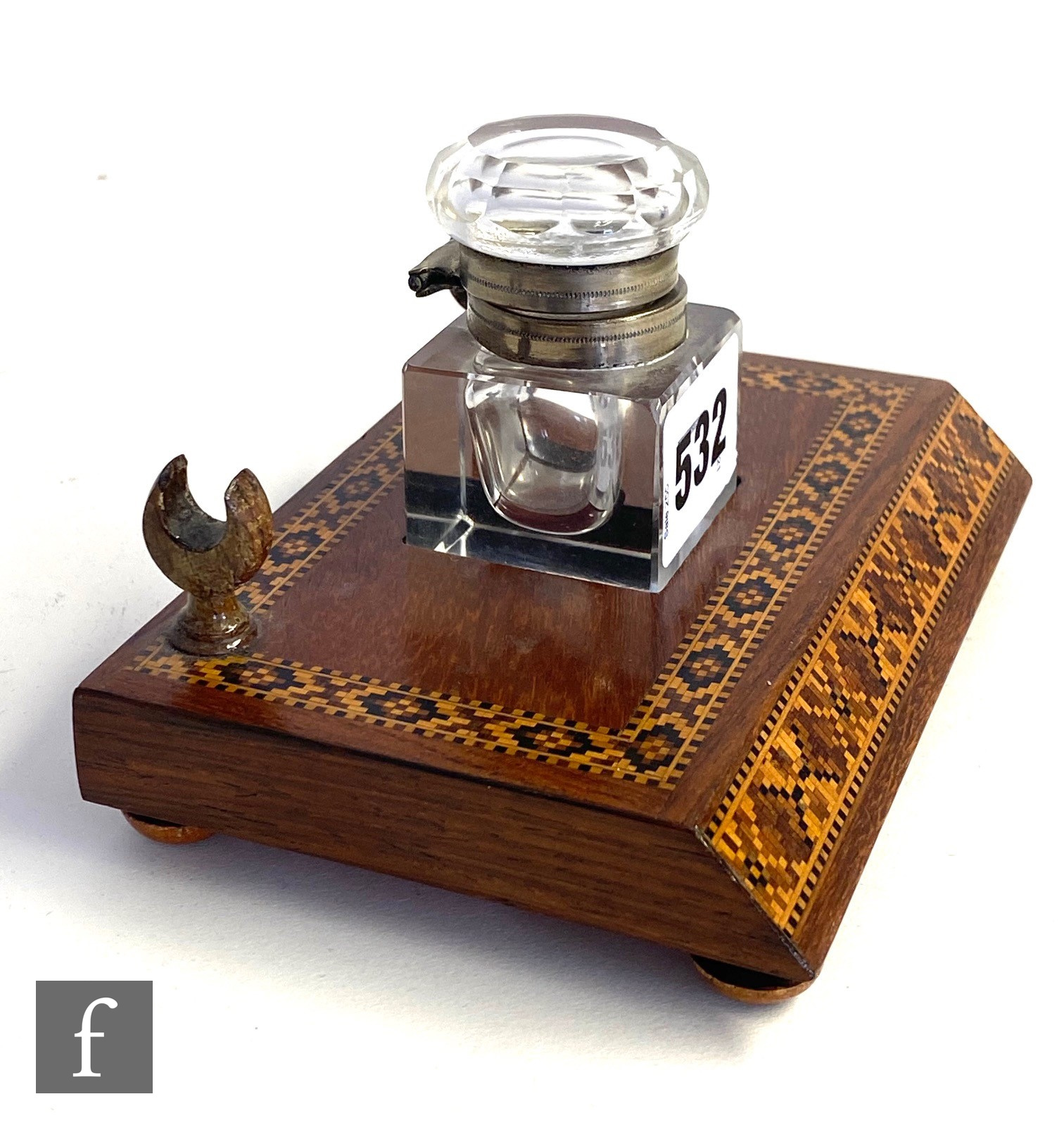 A 19th century Tunbridgeware inkstand with single square cut inkwell and pen holder, on bun feet, - Image 4 of 5