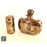 A small hallmarked silver hip flask with a silver cylinder container both engraved with Queen?s