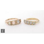 Two 18ct hallmarked five stone opal rings, one set with diamond spacers but with one a stone