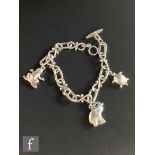 A Danish silver open, elongated curb link charm bracelet with three animal charms attached,