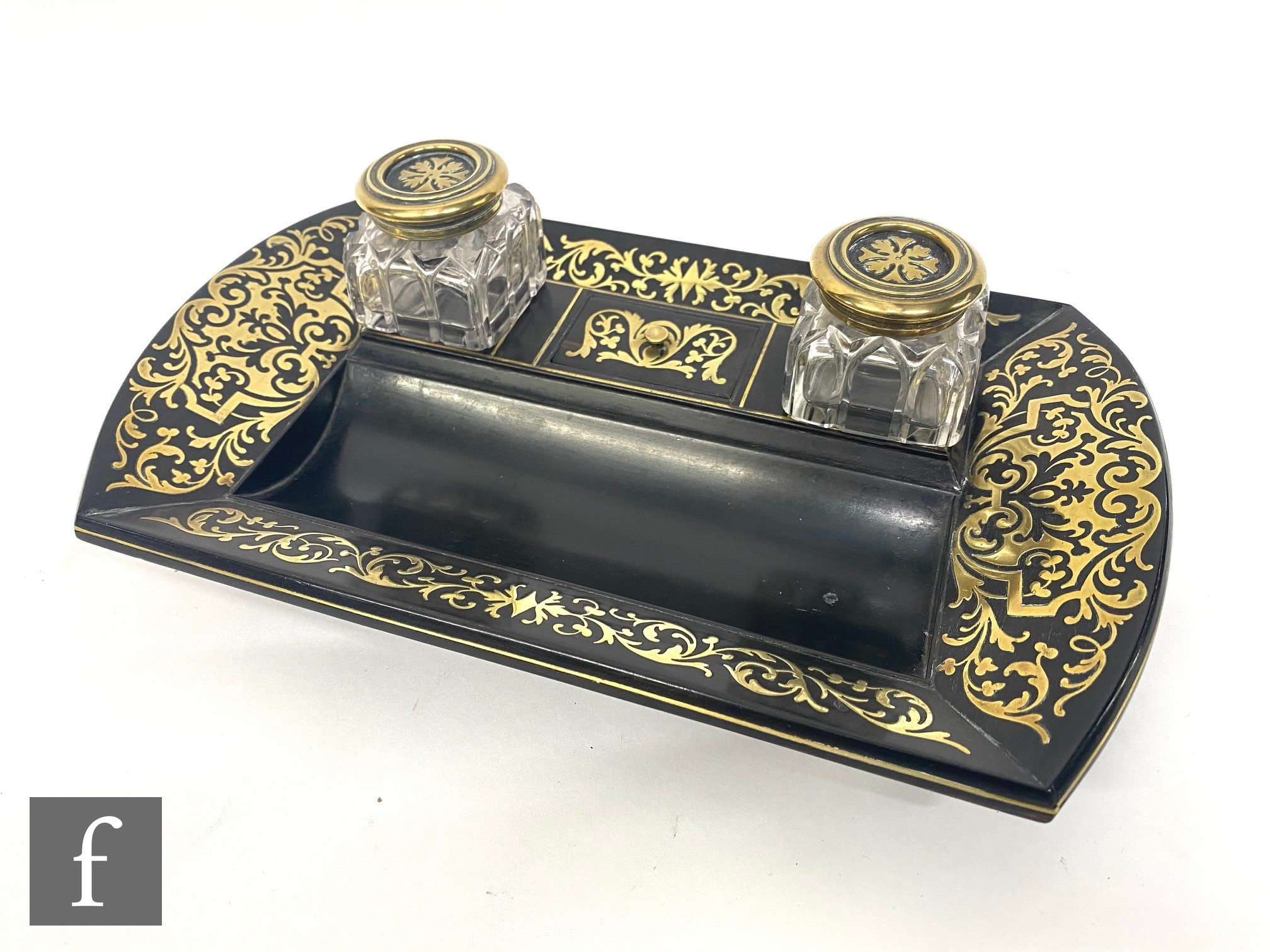 An ebonised brass boulle work ink stand fitted with two glass bottles, width 30cm.