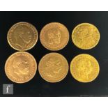 Six assorted gold coins to include an Austrian 20 Corona dated 1893, a Russian five roubles, a Dutch