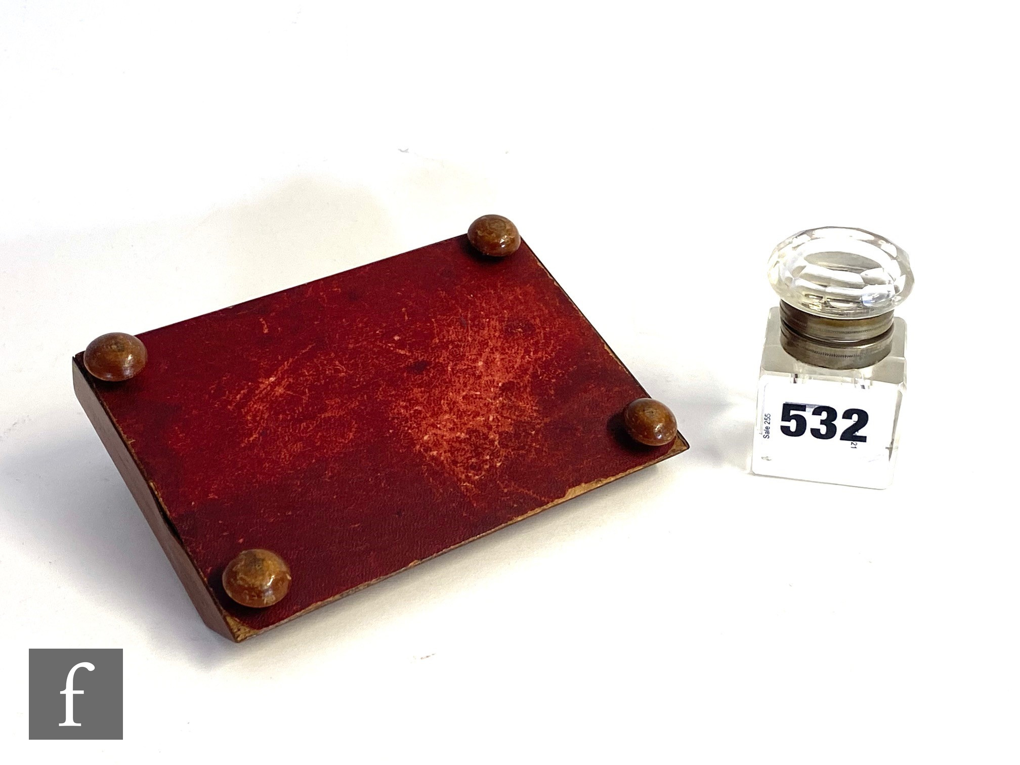 A 19th century Tunbridgeware inkstand with single square cut inkwell and pen holder, on bun feet, - Image 2 of 5