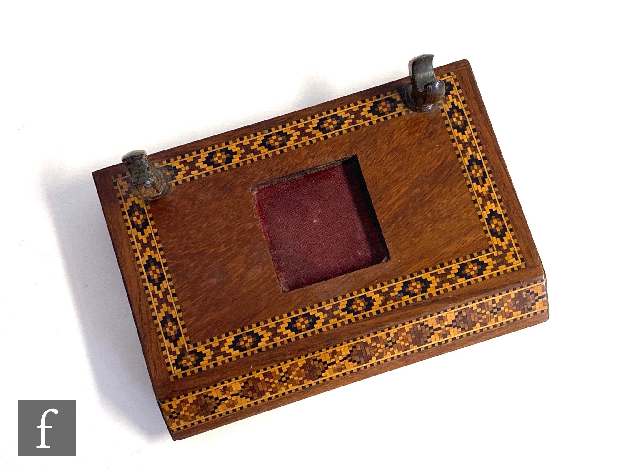 A 19th century Tunbridgeware inkstand with single square cut inkwell and pen holder, on bun feet, - Image 3 of 5