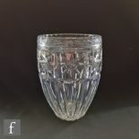 A 1930s Stuart & Son clear cut crystal vase of swollen barrel form with a mitre cut panel design