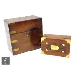 A 19th century mahogany brass cornered two divisioned decanter box, lacking decanters, width 23cm,