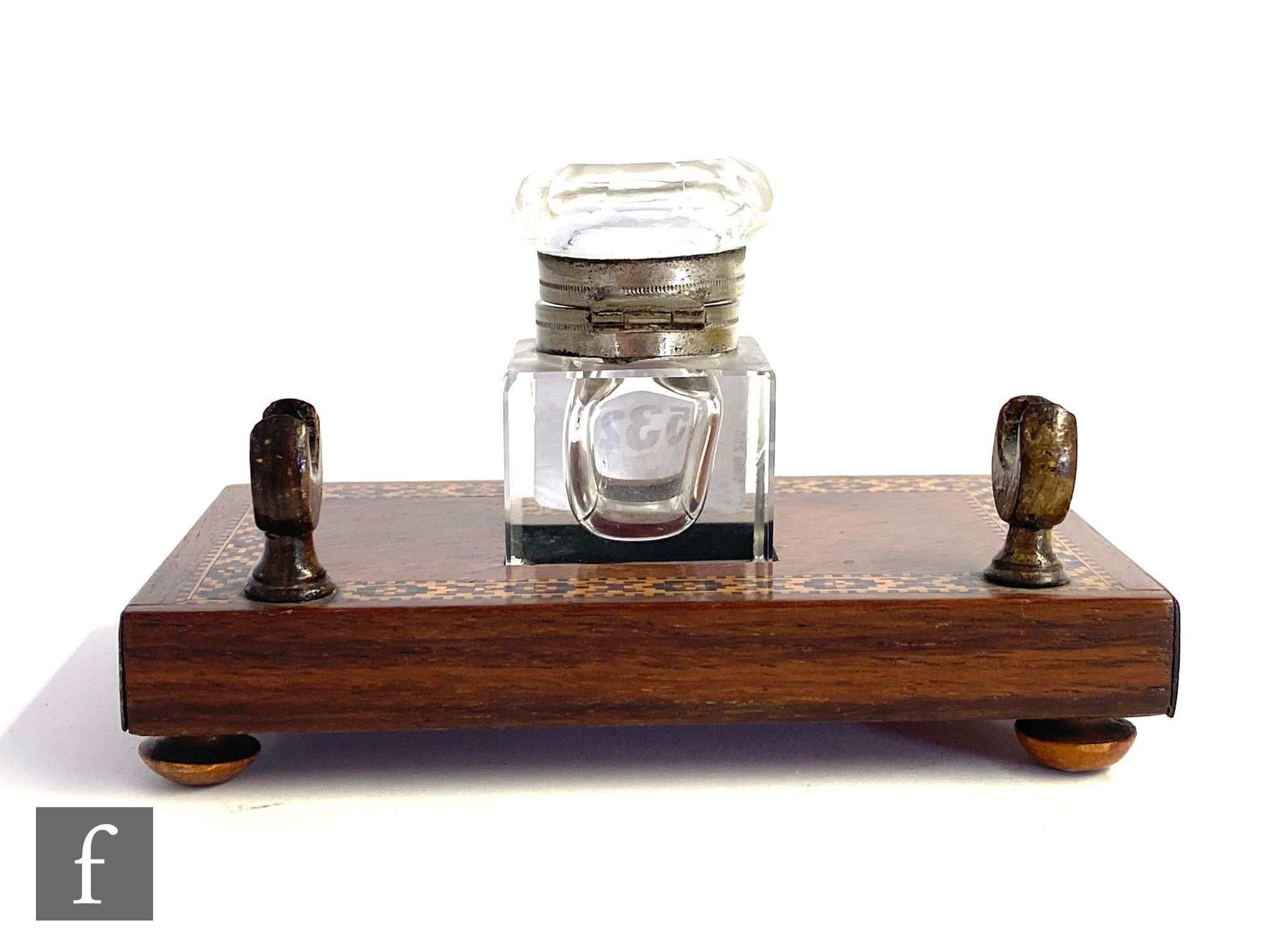 A 19th century Tunbridgeware inkstand with single square cut inkwell and pen holder, on bun feet, - Image 5 of 5