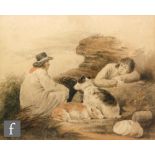 FOLLOWER OF GEORGE MORLAND (1763-1804) - A sportsman with his dogs, watercolour on grey paper,