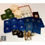 Six Elizabeth II silver proof crowns, other crowns, also a twenty pound coin and other coinage, some