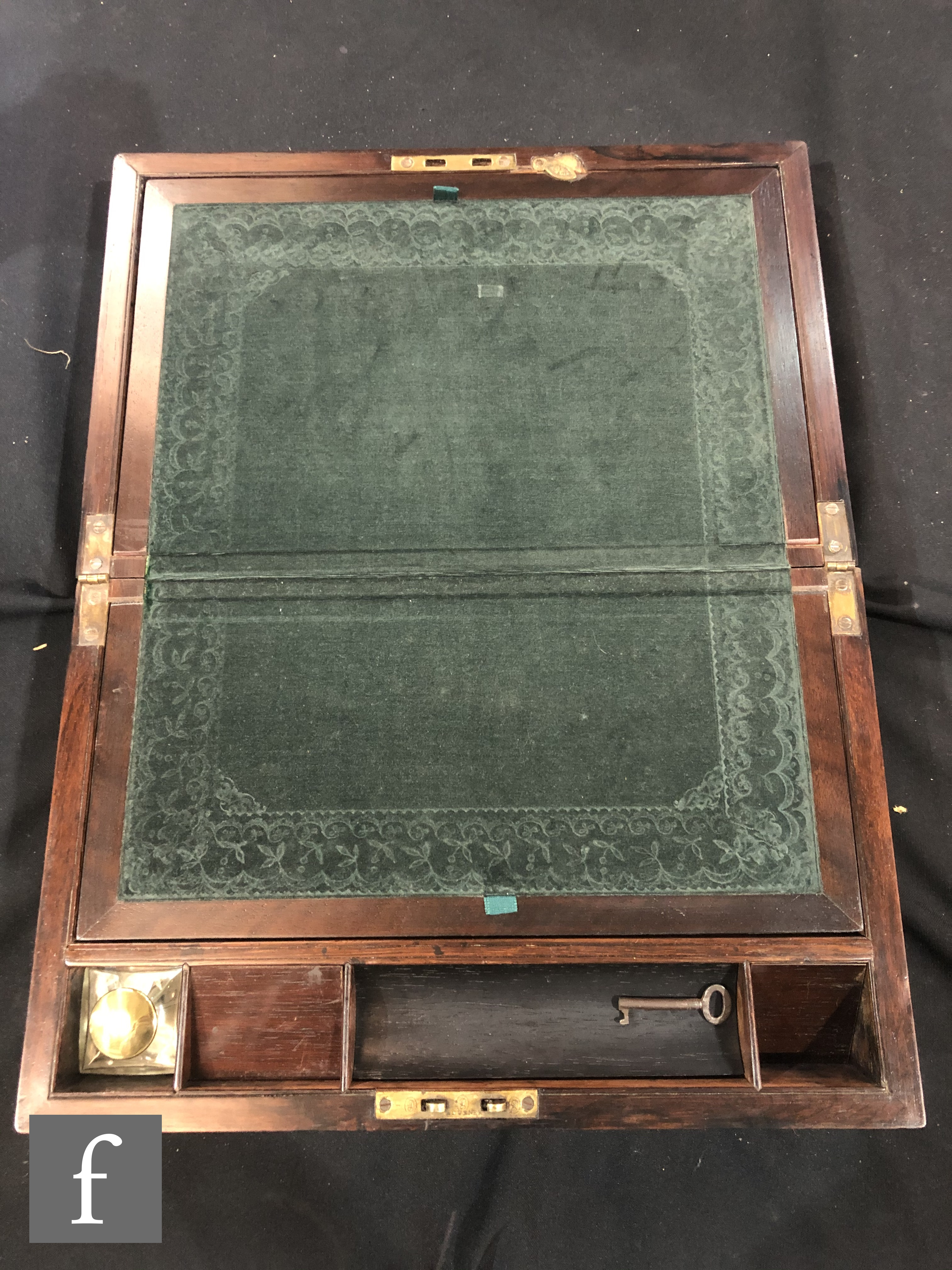 A 19th century brass inlaid writing box with recessed carrying handles with hidden secret drawer - Image 2 of 5