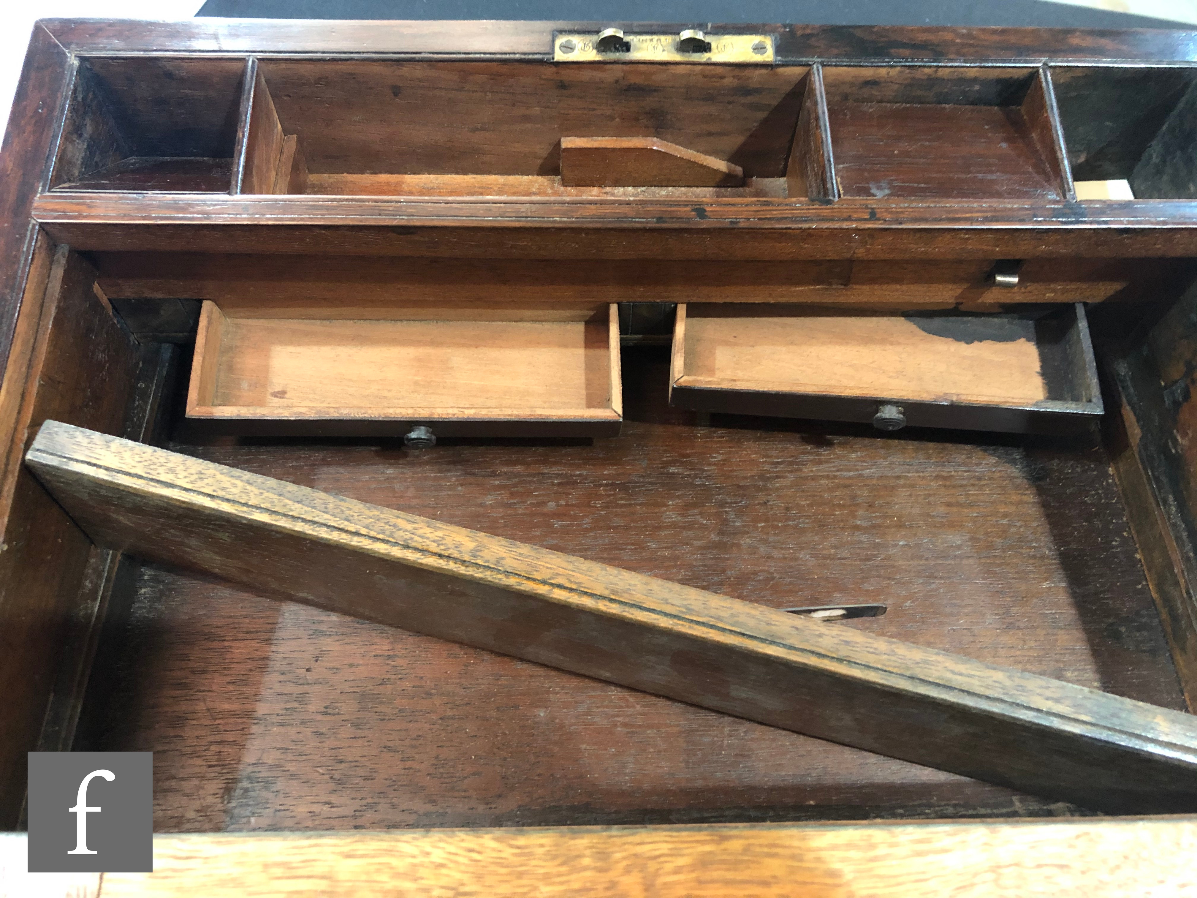 A 19th century brass inlaid writing box with recessed carrying handles with hidden secret drawer - Image 5 of 5