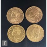 Two Swiss twenty Franc gold coins dated 1927 and 1947 with two Italian twenty Lira gold coins