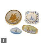 A Royal Copenhagen shape 2559 dish decorated with a gold yacht in sail against a craquelure